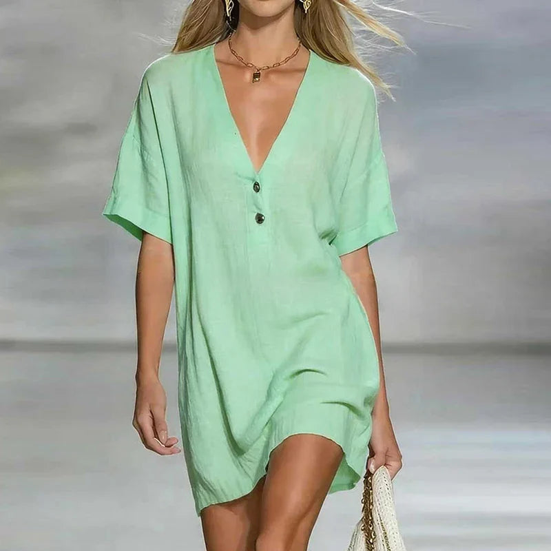 Liora | Effortlessly Elegant V Neck Linen Short Sleeve Shirt Midi Dress with Buttons