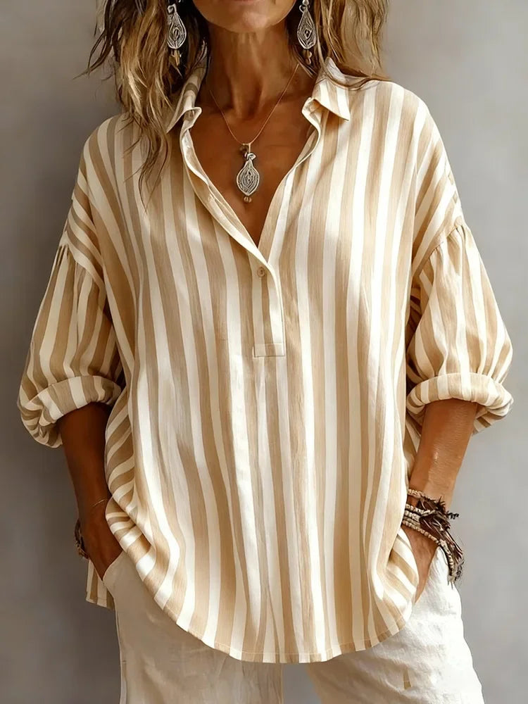 Emmeline | Relaxed Striped V Neck Blouse with Rolled Long Sleeves