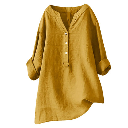 Amara | Women's Breezy Cotton-Linen Tunic-Top Shirt with V Neck and Buttons