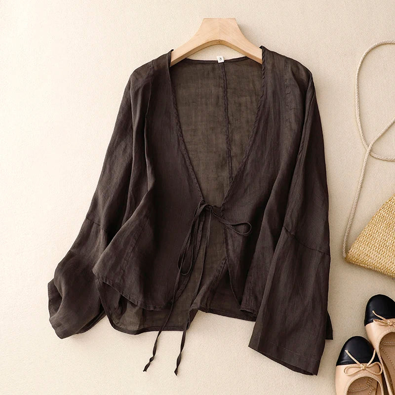 Amelia | Relaxed Cotton Wrap Top with Sleeves and Tie Front