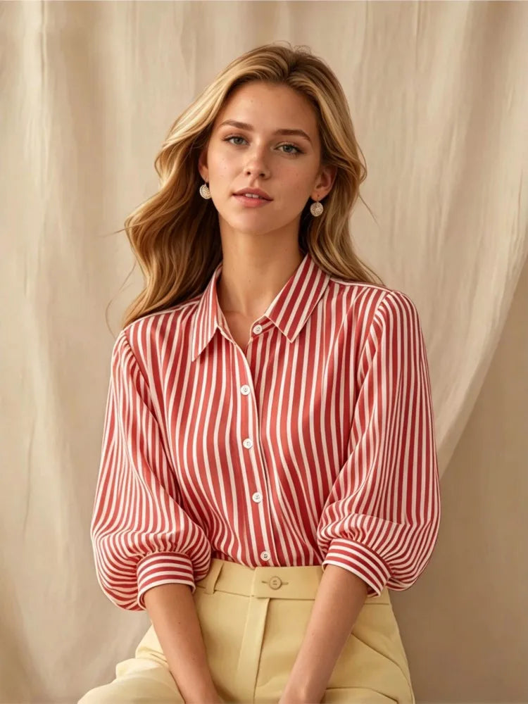 Rosalinda | Classy Striped Puff Sleeved Button Down Shirt for Everyday