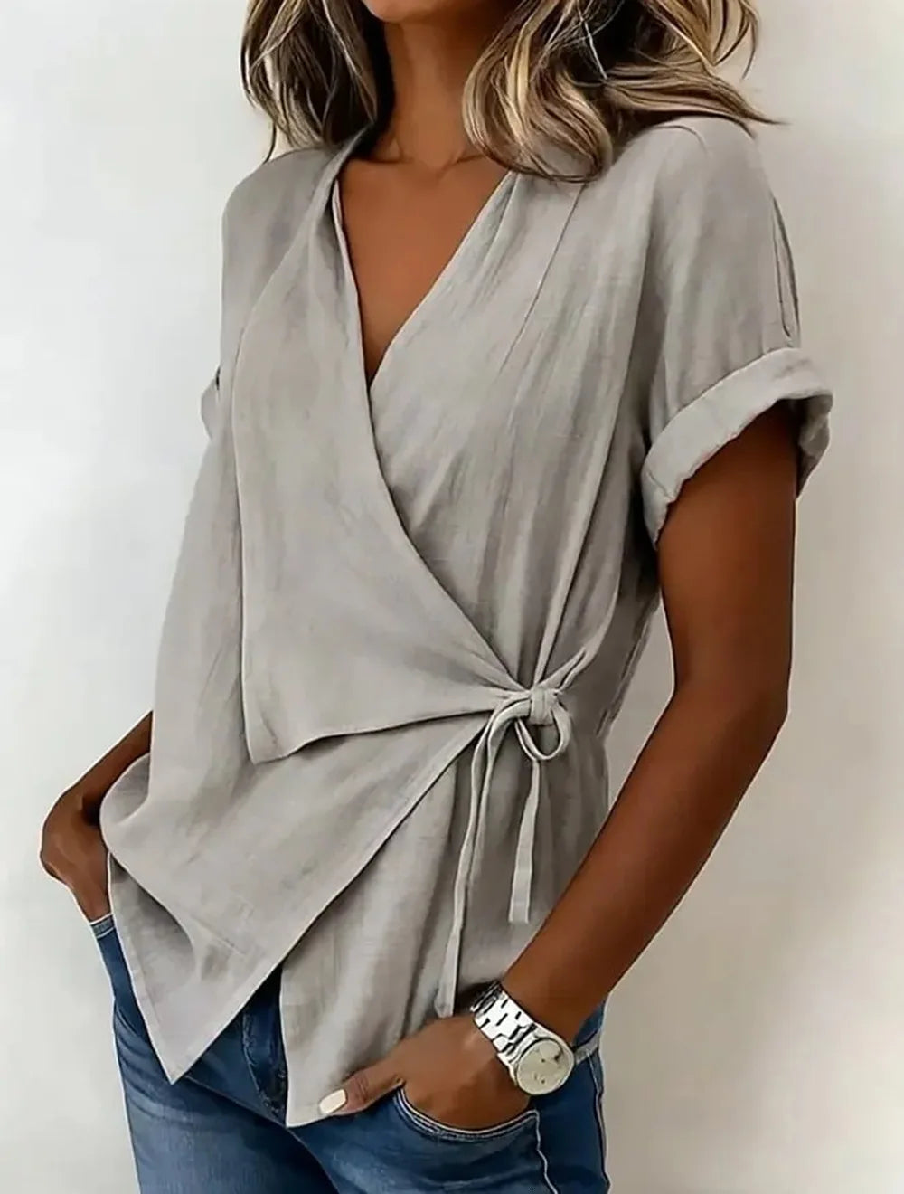 Gisselle | Relaxed Asymmetric Short Sleeve Wrap Blouse with Tie Front