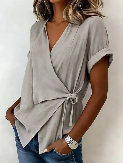 Gisselle | Relaxed Asymmetric Short Sleeve Wrap Blouse with Tie Front
