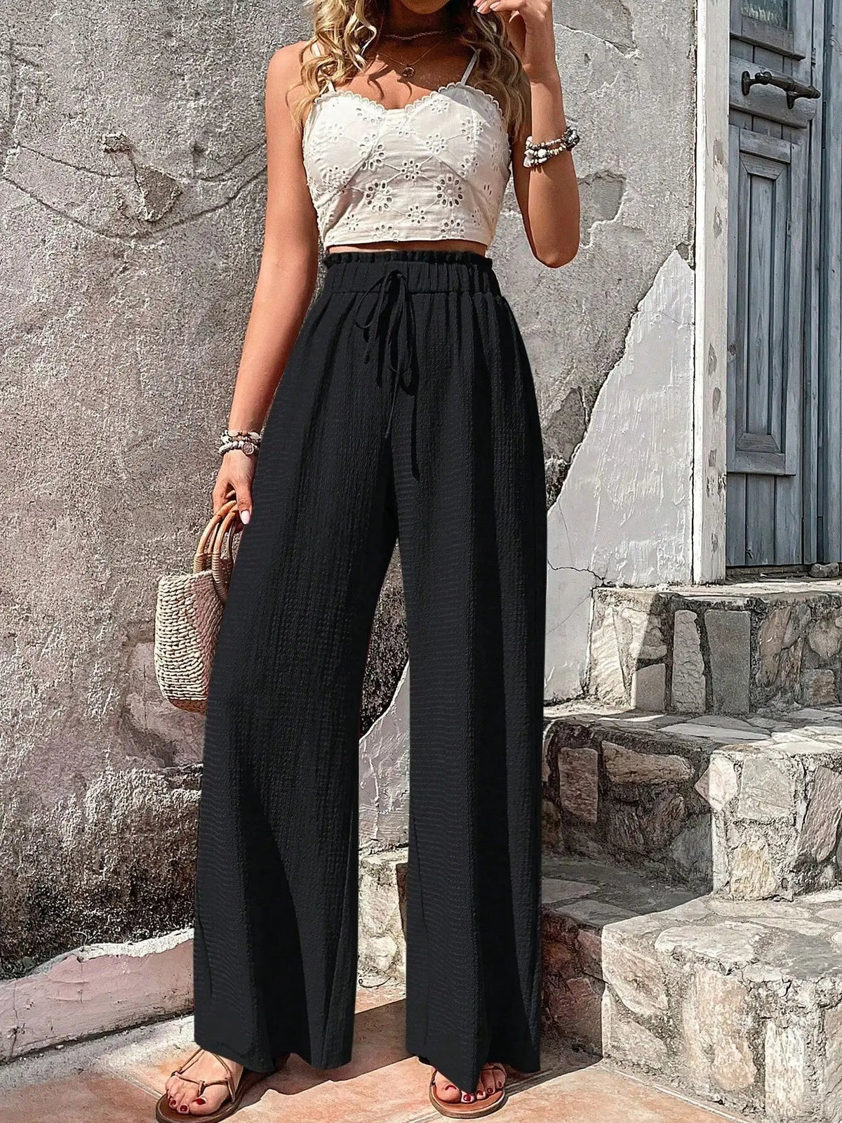 Aira | Relaxed High Waist Wide Leg Pants with Drawstrings Elastic