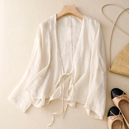 Amelia | Relaxed Cotton Wrap Top with Sleeves and Tie Front