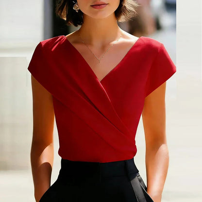 Viviana | Effortlessly Elegant Wrap Front V Neck Blouse Shirt with Short Sleeves