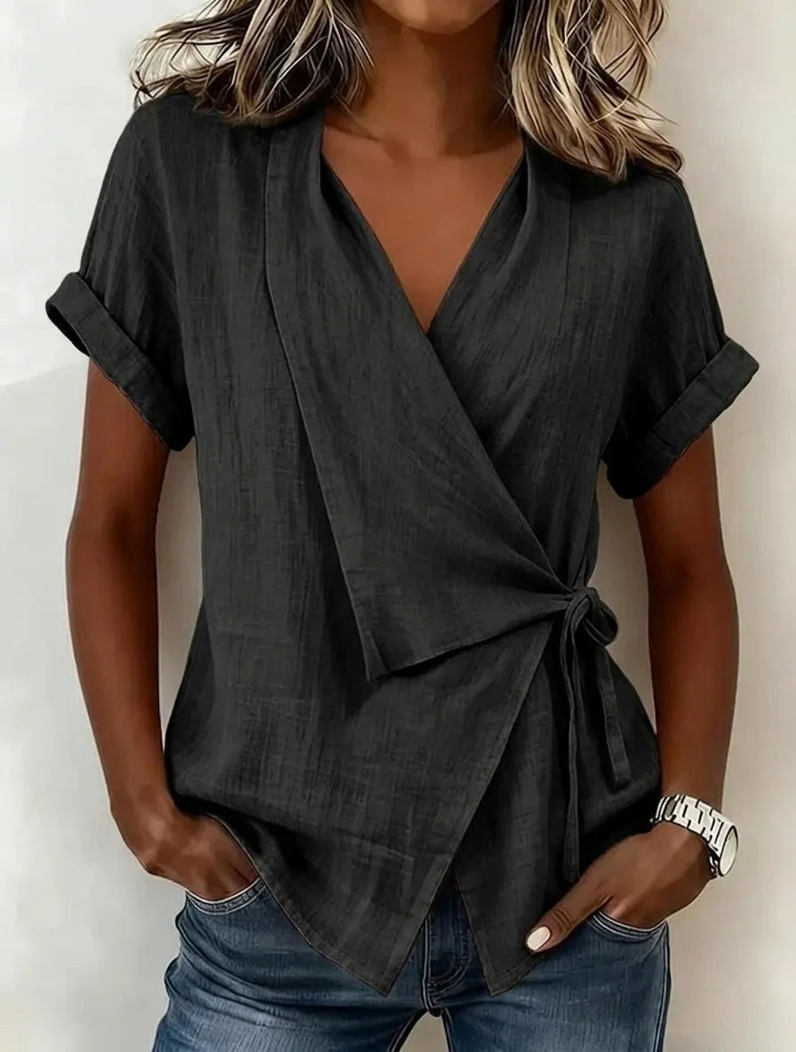 Gisselle | Relaxed Asymmetric Short Sleeve Wrap Blouse with Tie Front