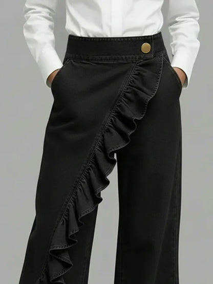 Abigail | Bold Asymmetric Wide Leg Jeans with Ruffle Detail