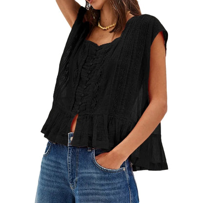 Kiana | Elegant Feminine Sleeveless Blouse with Lace Trim and Ruffle Hem