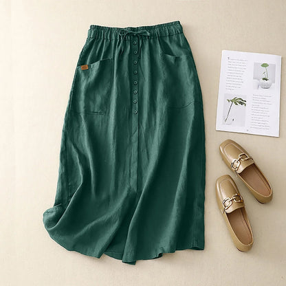 Adeline | Breezy A-Line Linen High Waist Skirt with Button Front and Slit
