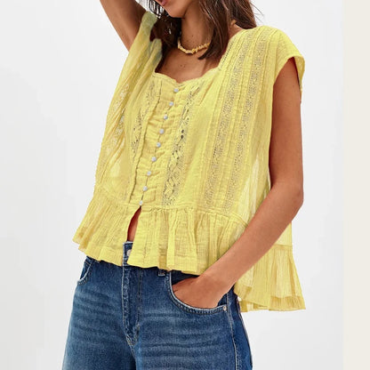 Kiana | Elegant Feminine Sleeveless Blouse with Lace Trim and Ruffle Hem