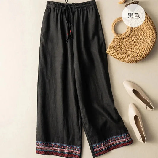 Zara | Breathable Embroidered Wide Leg Linen Pants