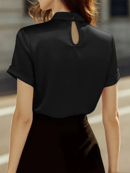 Audrey | Elegant Short Sleeve Satin Blouse with Keyhole Neckline
