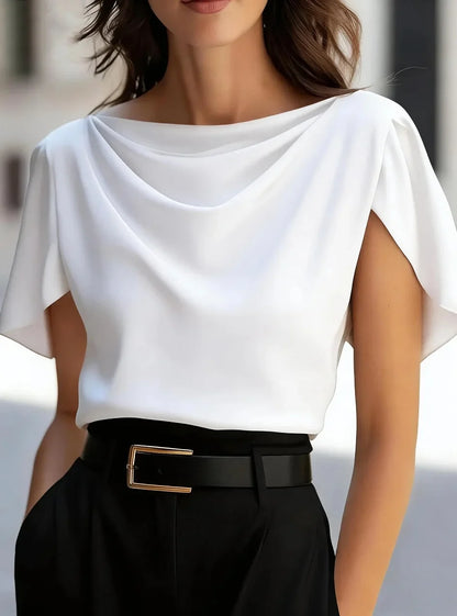 Bellamy | Elegant Draped Cowl Neck Blouse with Flowing Short Sleeves