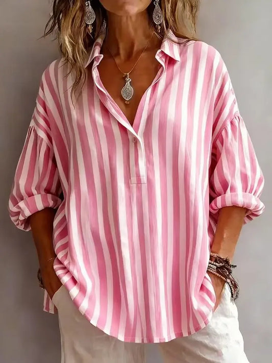 Emmeline | Relaxed Striped V Neck Blouse with Rolled Long Sleeves
