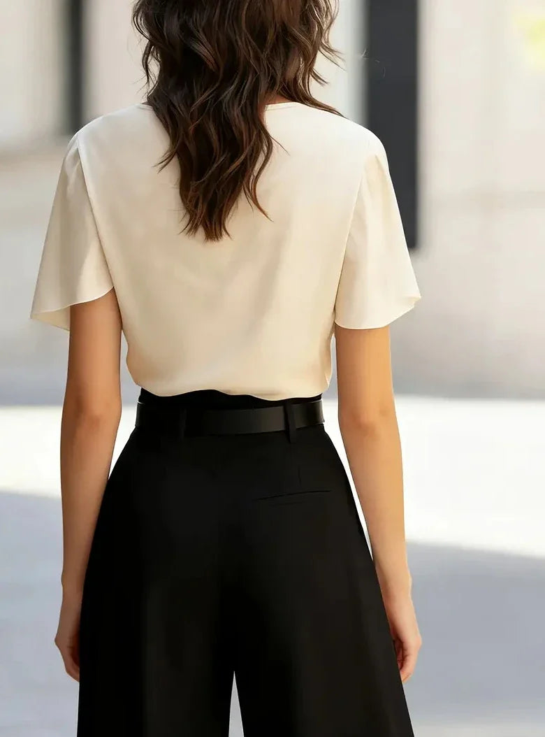 Bellamy | Elegant Draped Cowl Neck Blouse with Flowing Short Sleeves