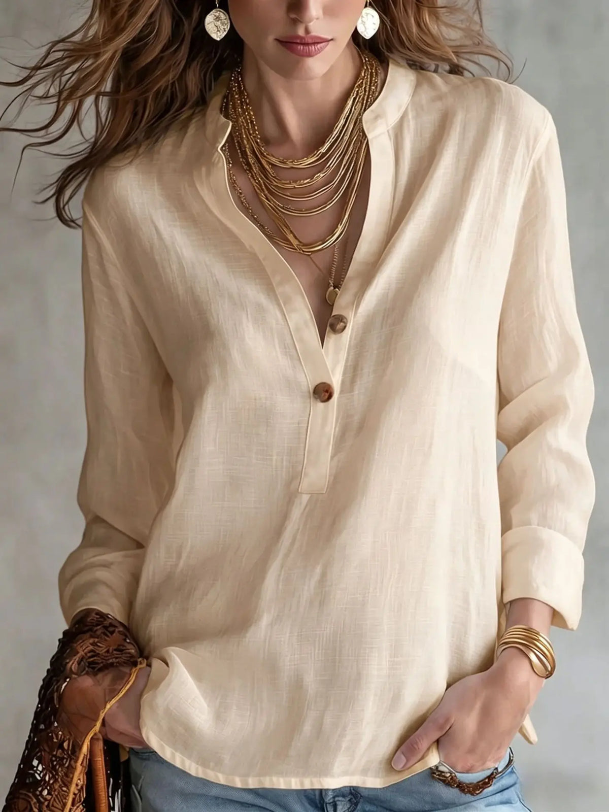 Aubrey | Classy Breathable Linen Blend Blouse with Buttons and Sleeves