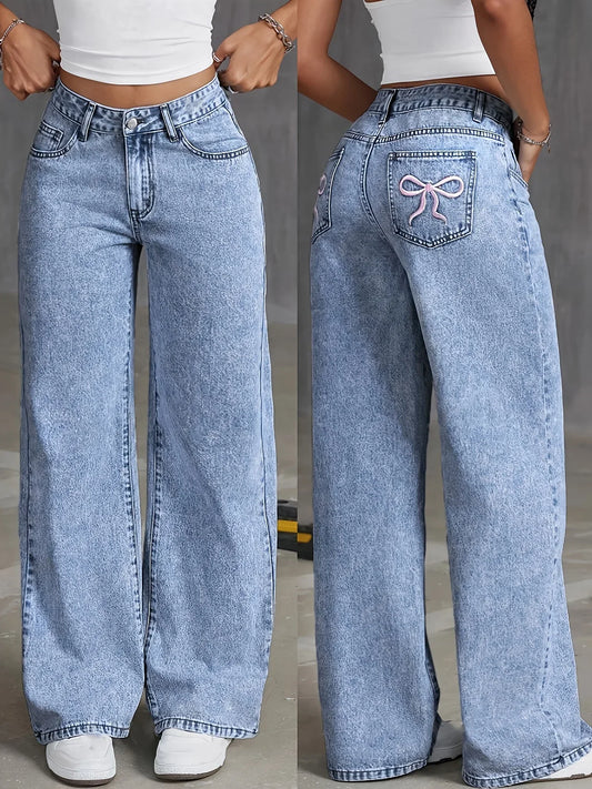 Bel | Relaxed High Waist Wide Leg Jeans with Embroidered Pocket