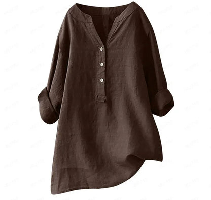 Amara | Women's Breezy Cotton-Linen Tunic-Top Shirt with V Neck and Buttons