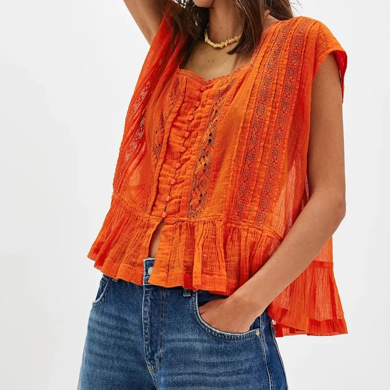 Kiana | Elegant Feminine Sleeveless Blouse with Lace Trim and Ruffle Hem