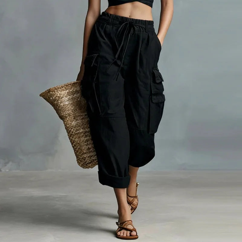 Quinn | Relaxed Wide Leg Cargo Pants with Drawstring Waist