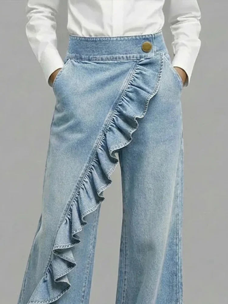 Abigail | Bold Asymmetric Wide Leg Jeans with Ruffle Detail