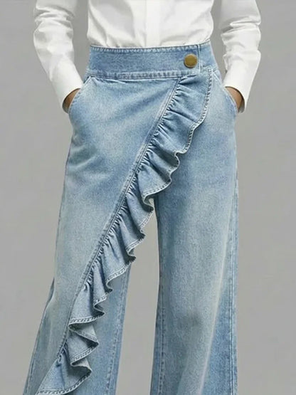 Abigail | Bold Asymmetric Wide Leg Jeans with Ruffle Detail