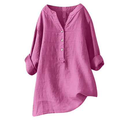 Amara | Women's Breezy Cotton-Linen Tunic-Top Shirt with V Neck and Buttons