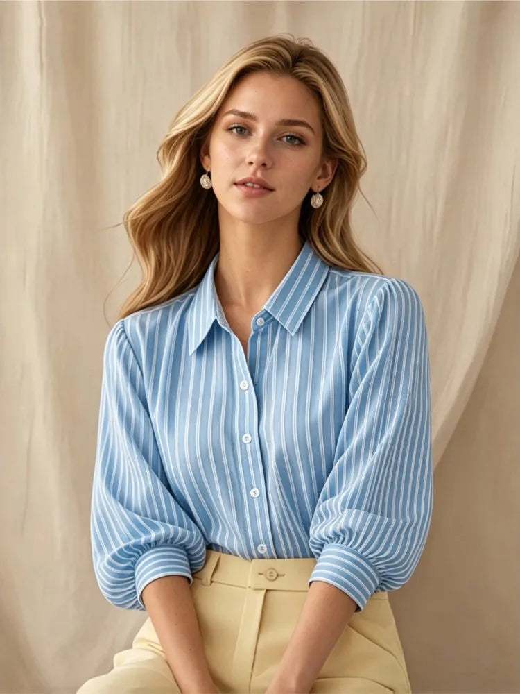Rosalinda | Classy Striped Puff Sleeved Button Down Shirt for Everyday