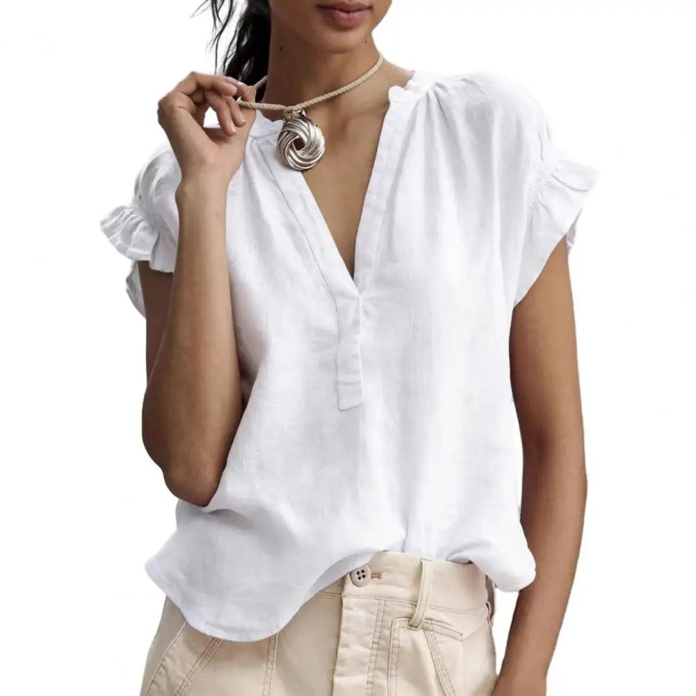 Sabrina | Relaxed Airy V Neck Blouse Shirt with Short Sleeves