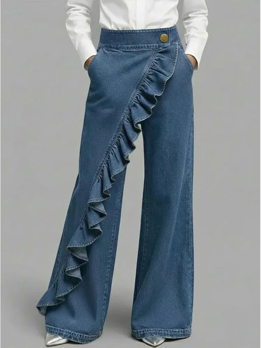 Abigail | Bold Asymmetric Wide Leg Jeans with Ruffle Detail