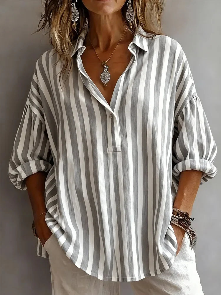 Emmeline | Relaxed Striped V Neck Blouse with Rolled Long Sleeves