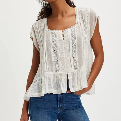 Kiana | Elegant Feminine Sleeveless Blouse with Lace Trim and Ruffle Hem