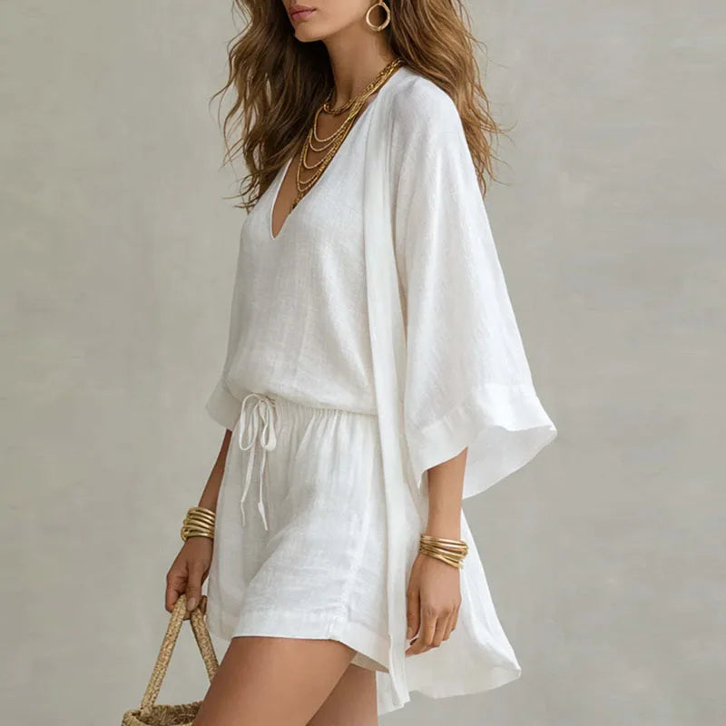 Claudia | Relaxed Cotton-Linen 3 Piece Set with Top and Shorts