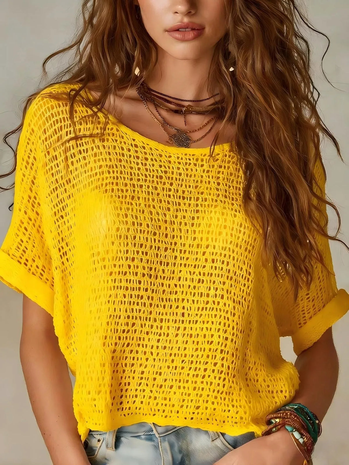 Delilah | Breatheable Short Sleeve Crochet Top with Open Knit Texture