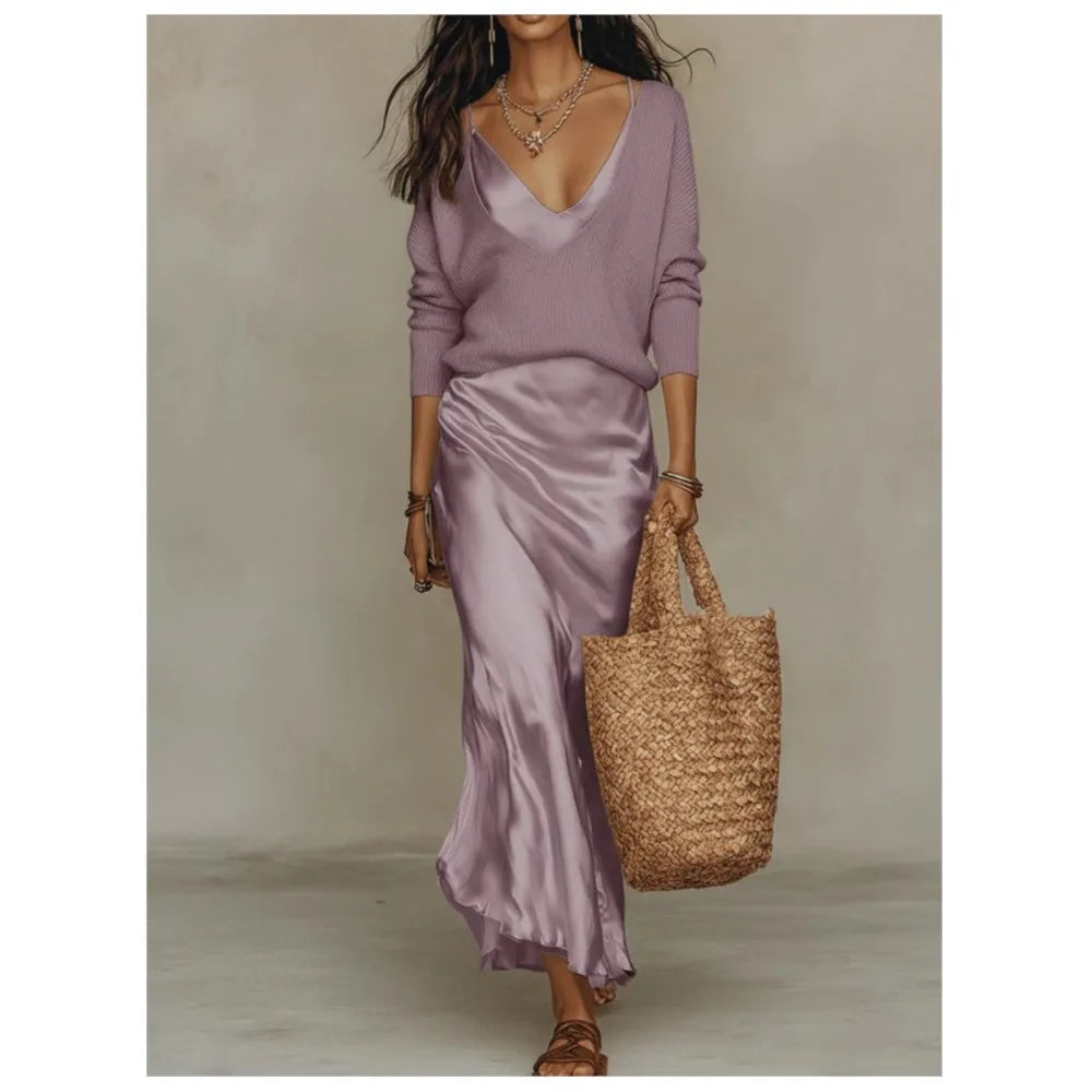 Valencia | 2-Piece Soft Knit Upper Shirt with Elegant V Neck Satin Midi Dress