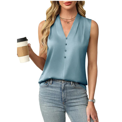 Lilianna | Elegant Sleeveless Satin Blouse with V Neck and Buttons