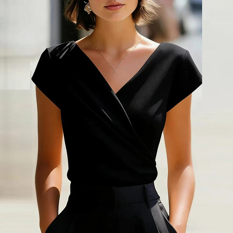 Viviana | Effortlessly Elegant Wrap Front V Neck Blouse Shirt with Short Sleeves