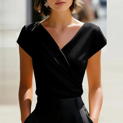 Viviana | Effortlessly Elegant Wrap Front V Neck Blouse Shirt with Short Sleeves