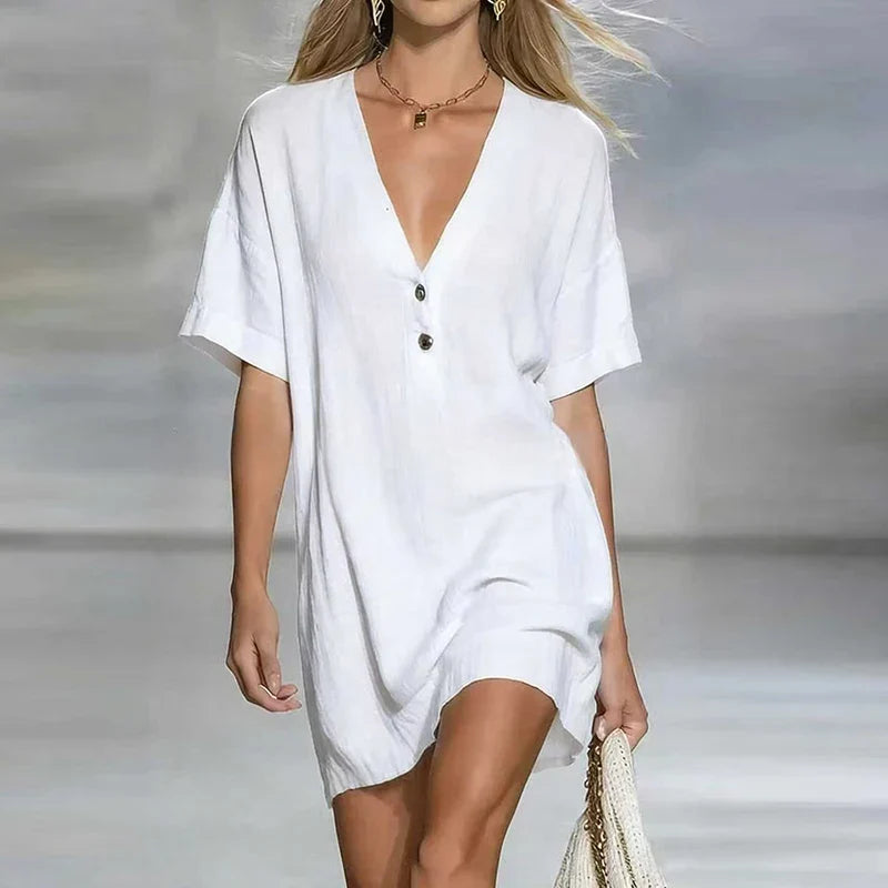 Liora | Effortlessly Elegant V Neck Linen Short Sleeve Shirt Midi Dress with Buttons