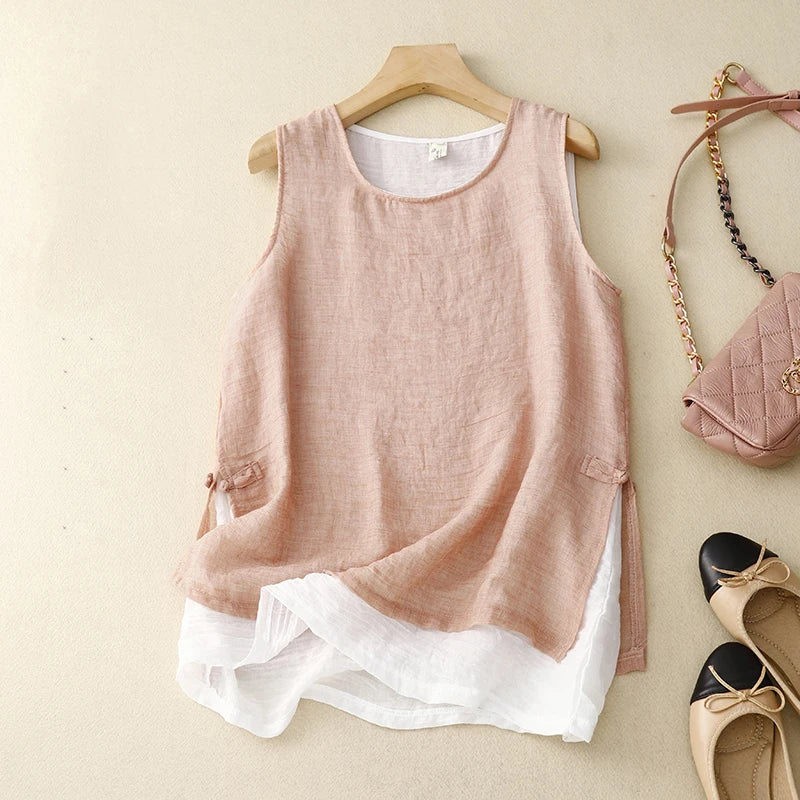 Sofia | Relaxed Double Layer Sleeveless Tank Top in Cotton-Linen Blend