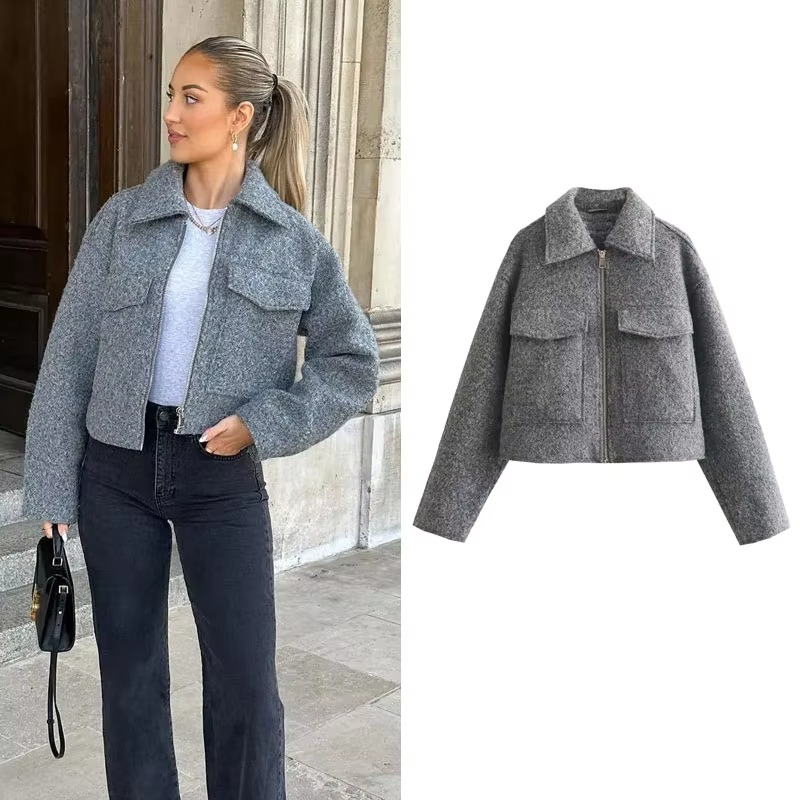 Fiona | Refined Cropped Tweed Jacket with Front Zip and Pockets
