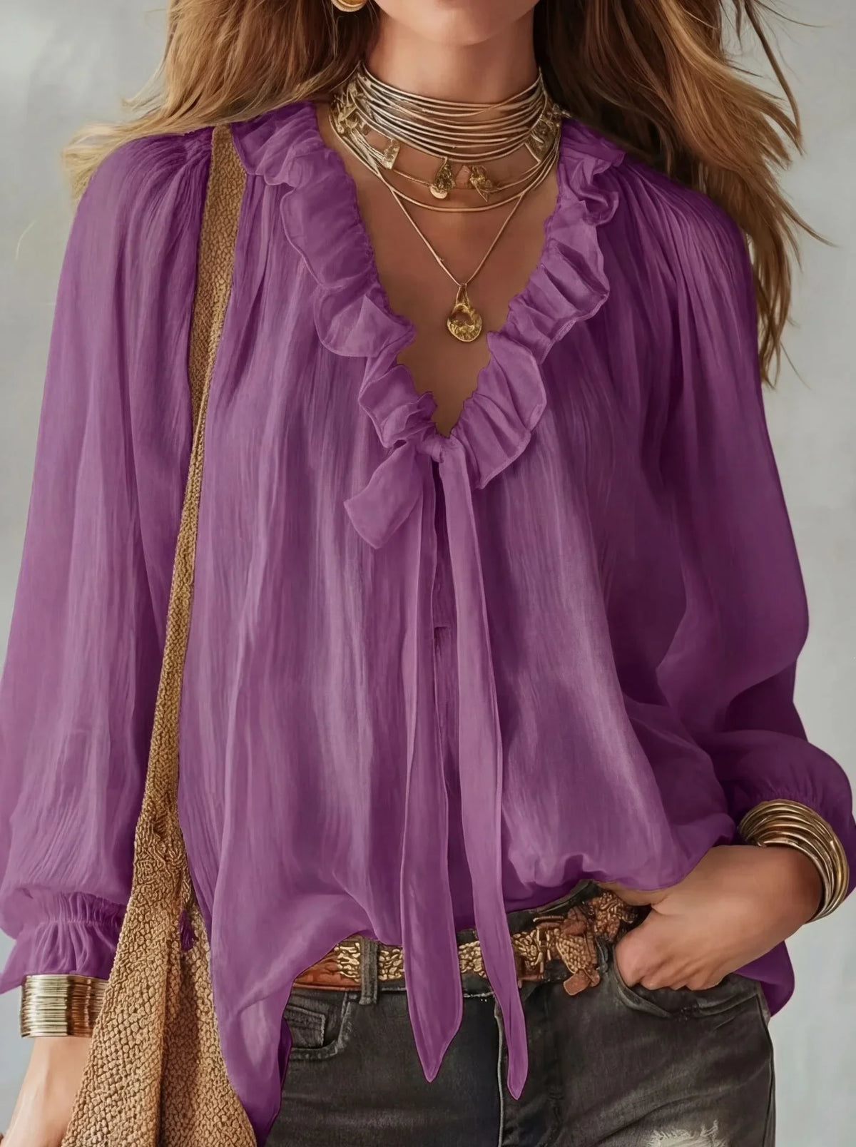 Maribel | Relaxed Lace-Up V Neck Top with Ruffle Trim and Sleeves