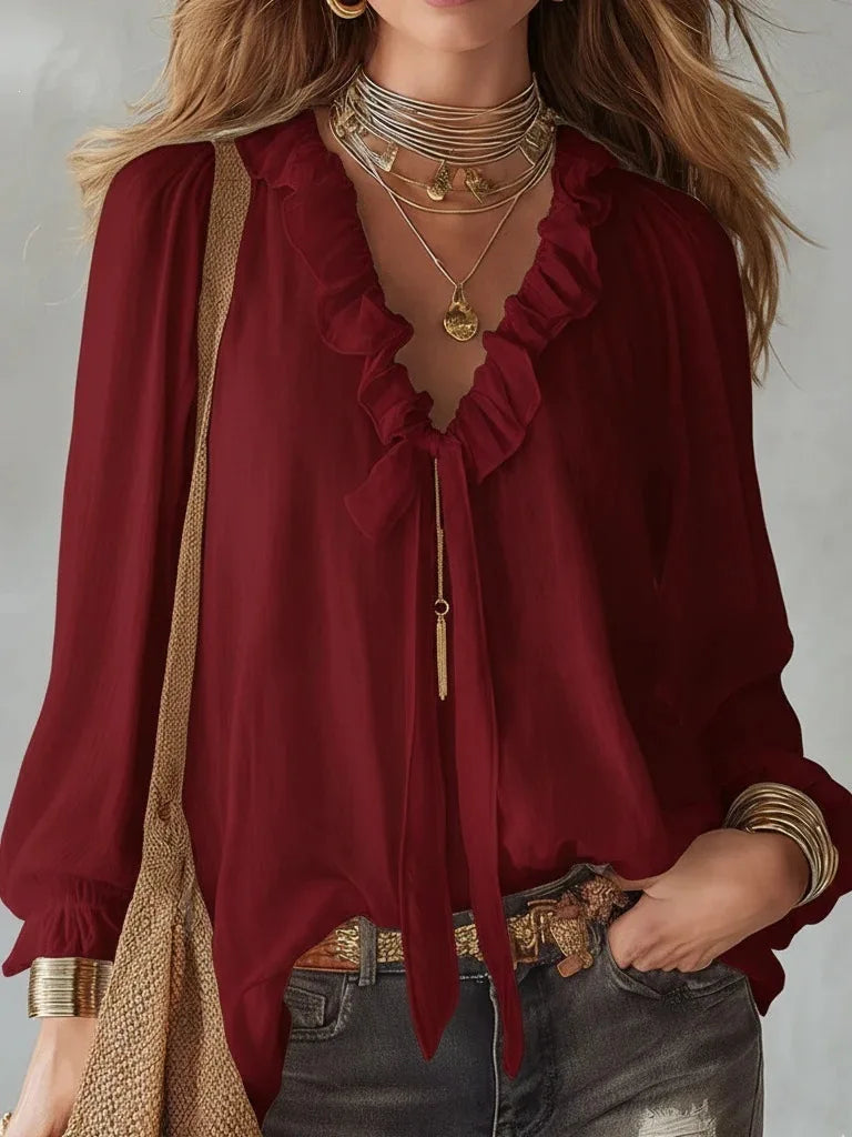Maribel | Relaxed Lace-Up V Neck Top with Ruffle Trim and Sleeves