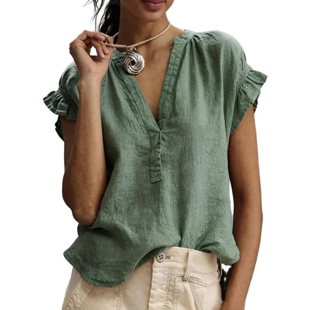 Sabrina | Relaxed Airy V Neck Blouse Shirt with Short Sleeves