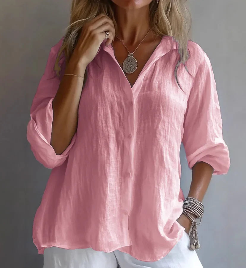 Raina | Elegant Relaxed Collared Linen Blend Shirt with Sleeves