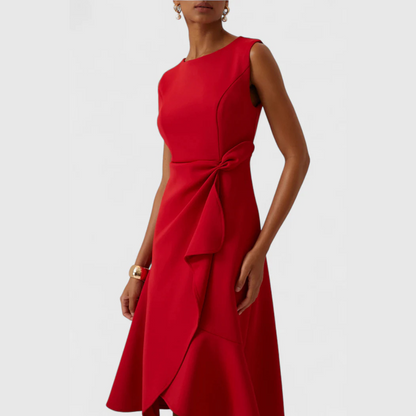 Sheila | Elegant Asymmetric Draped Midi Dress with Sleeveless Cut