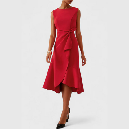 Sheila | Elegant Asymmetric Draped Midi Dress with Sleeveless Cut