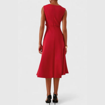 Sheila | Elegant Asymmetric Draped Midi Dress with Sleeveless Cut