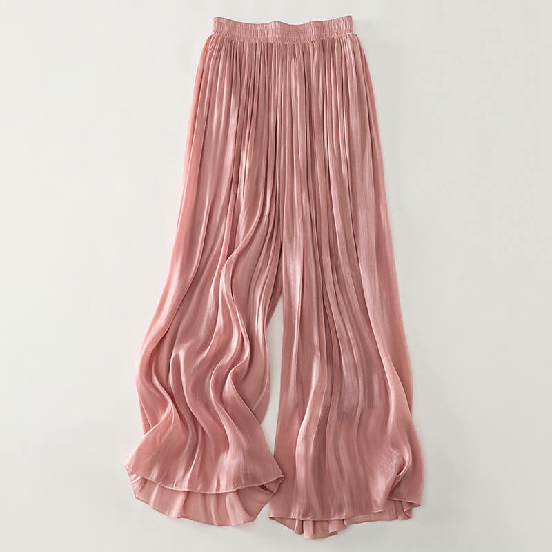 Olivetta | Elegant Wide Leg Satin Pants with High Rise Elastic Waist